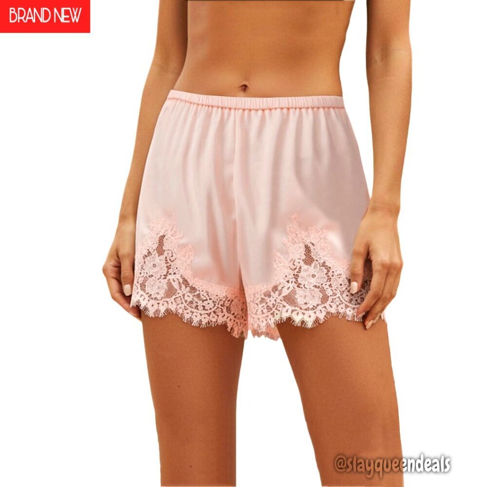 Satin Lace Trim Shorts Elastic Waist Loungewear Sleepwear